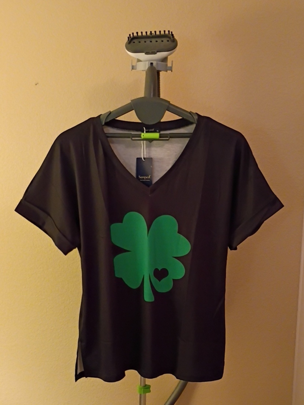 Women’s Black V-Neck Tee with Green Four-Leaf Clover Graphic